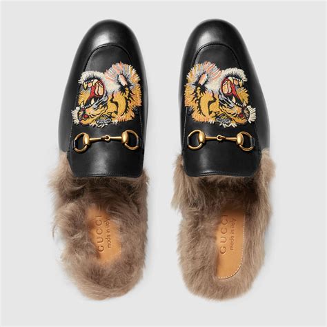 gucci black fur tiger princetown slippers